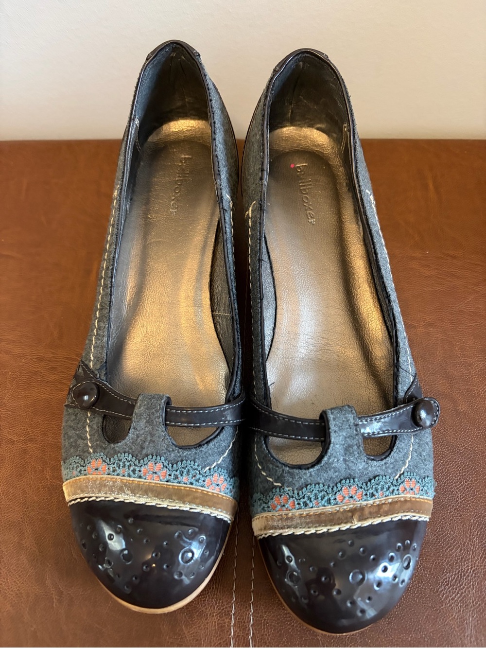 Danish Gray Embroidered Mary Jane Heels